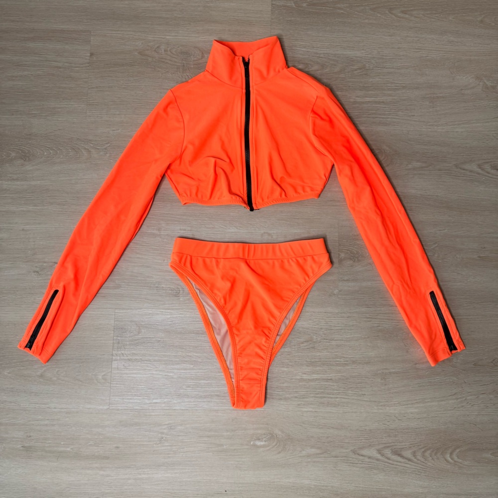 Neon Orange Bikini Set -Long Sleeve Top & High waisted bottom Women's Medium NWT